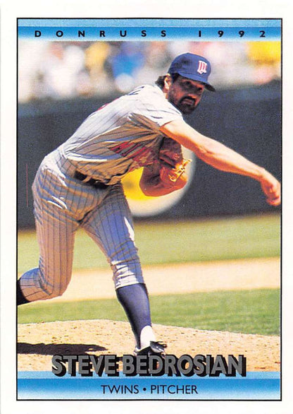 1992 Donruss baseball card of Steve Bedrosian, pitcher for Minnesota Twins in action