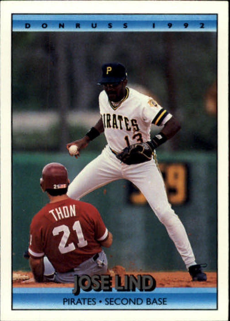 Jose Lind turning a double play for the Pittsburgh Pirates on a baseball card