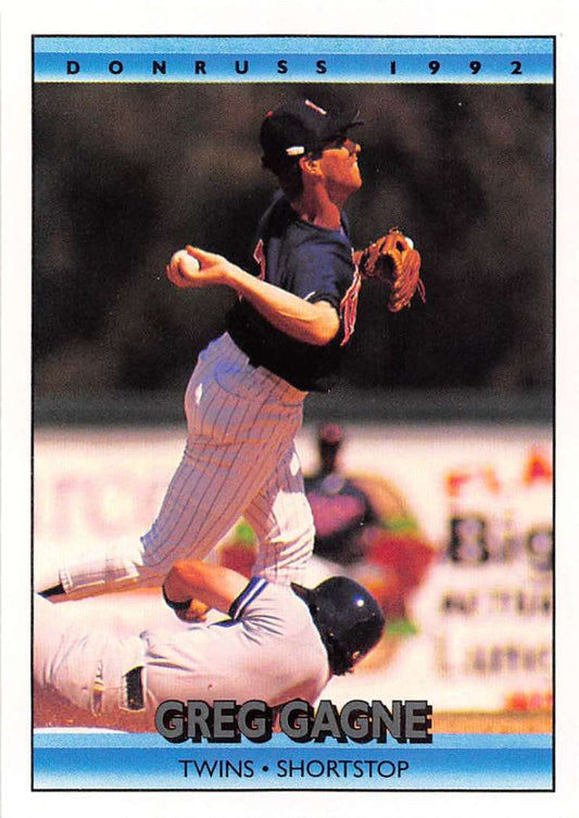 1992 Donruss #204 Greg Gagne Minnesota Twins baseball card in mid-throw action