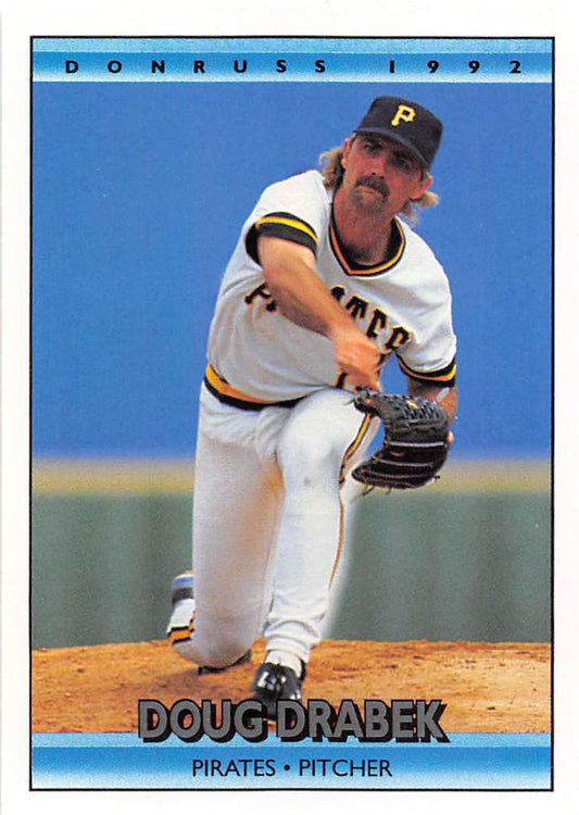 1992 Donruss Doug Drabek baseball card showcasing Pittsburgh Pirates pitcher mid-throw