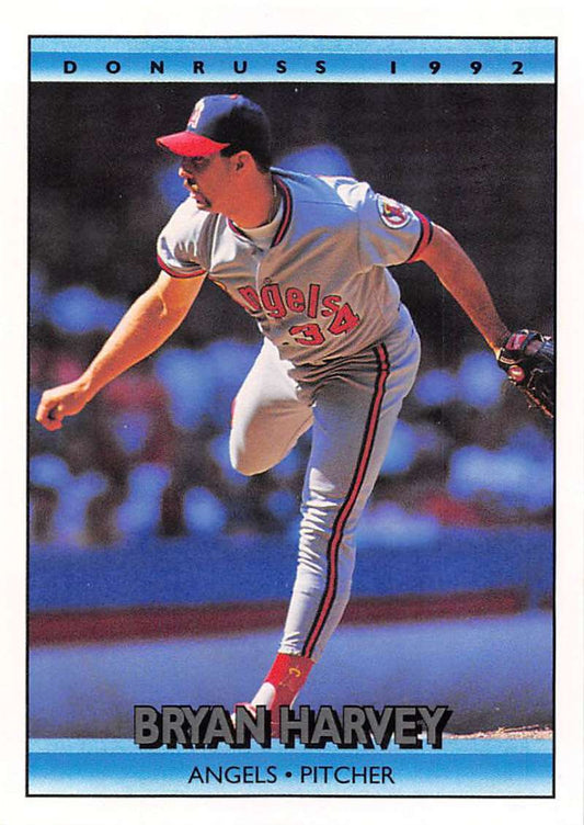 Baseball card of Bryan Harvey pitching in white uniform for California Angels