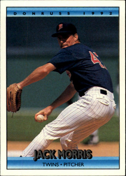 1992 Donruss #216 Jack Morris baseball card featuring Minnesota Twins pitcher in uniform