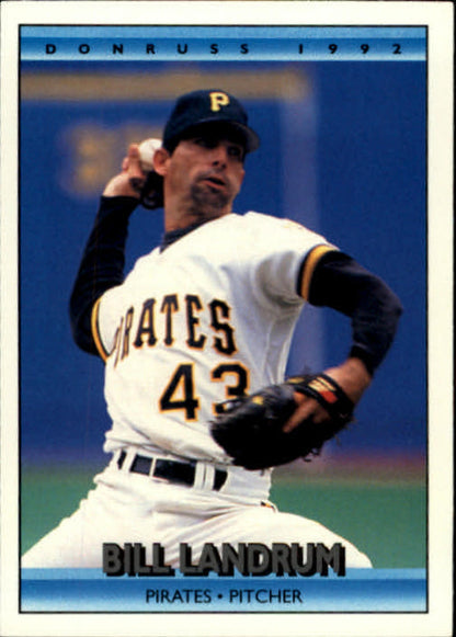 Baseball card of Pittsburgh Pirates pitcher Bill Landrum in throwing motion