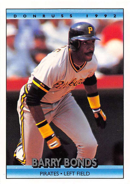 1992 Donruss Barry Bonds baseball card featuring Pittsburgh Pirates left fielder in uniform