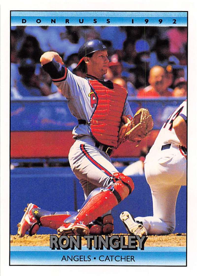 A baseball card of Ron Tingley in a red California Angels uniform at home plate