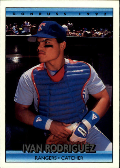 Ivan Rodriguez in Texas Rangers gear with catcher’s equipment on a baseball card