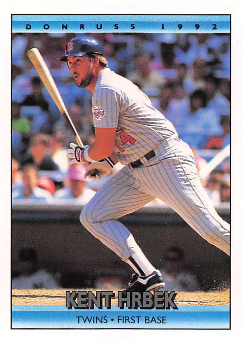 Kent Hrbek batting in white pinstriped uniform on Minnesota Twins baseball card