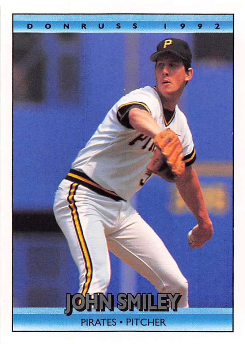 1992 Donruss John Smiley Pittsburgh Pirates baseball card featuring pitcher in action