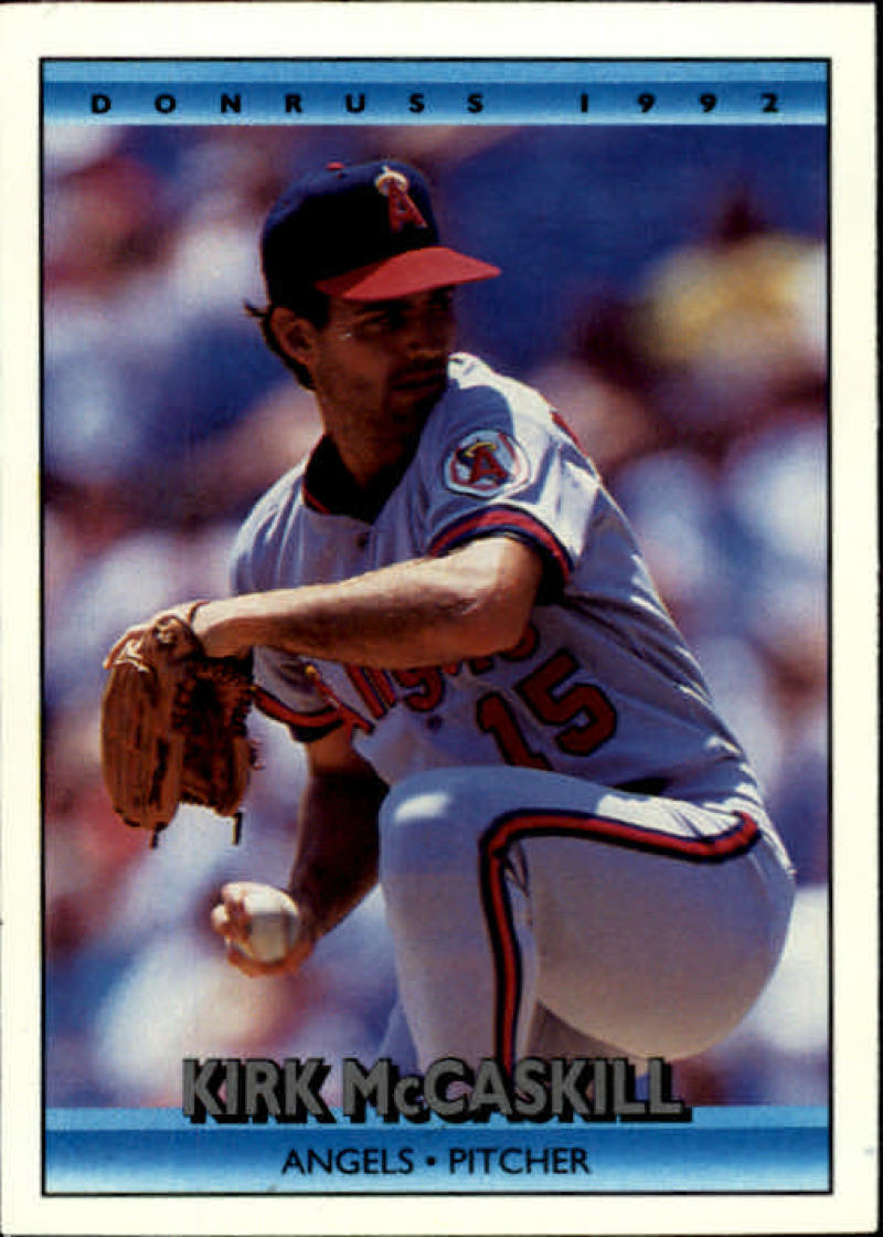 Kirk McCaskill California Angels baseball card in white and red uniform, 1992 Donruss