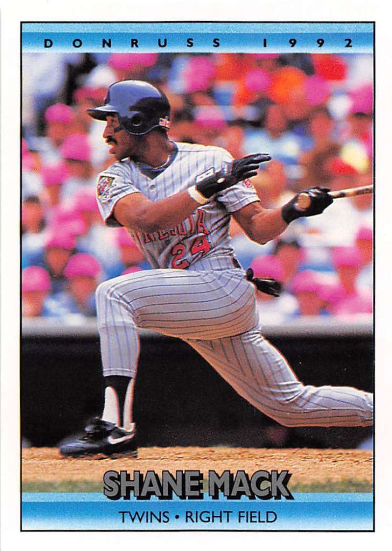 1992 Donruss Shane Mack card featuring Minnesota Twins player batting in pinstripes