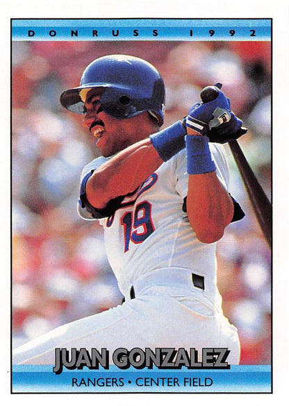 Texas Rangers Baseball Card of Juan Gonzalez in batting stance, number 19