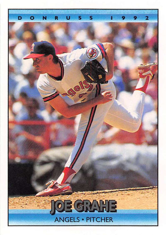 1992 Donruss Joe Grahe California Angels pitcher baseball card in mid-delivery