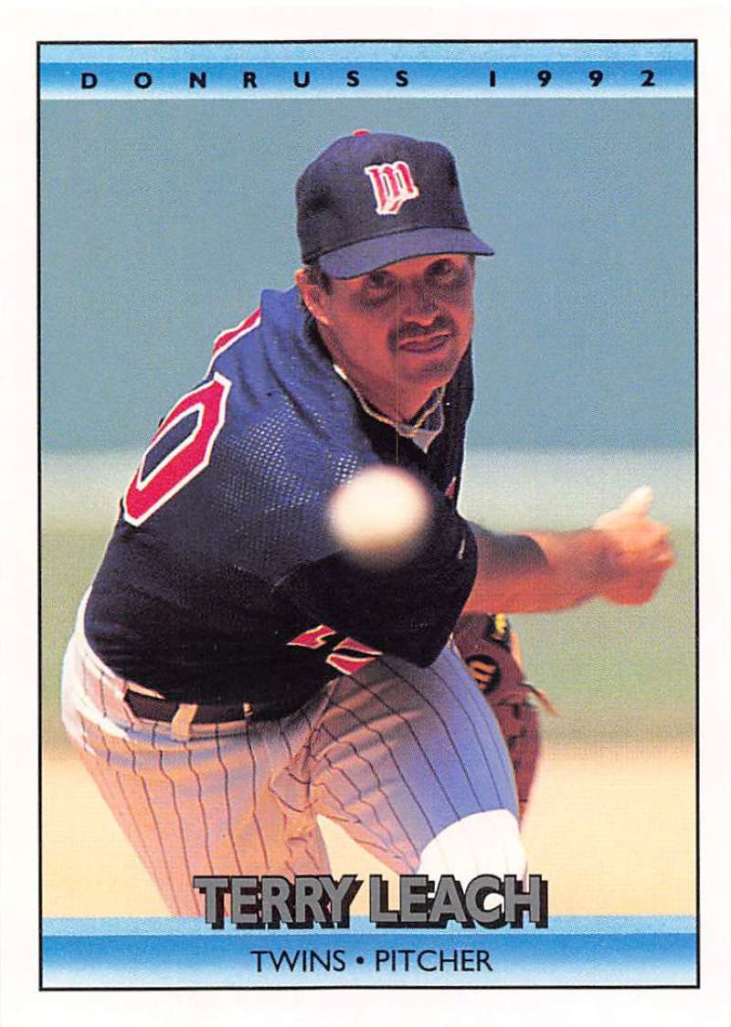 1992 Donruss Terry Leach baseball card of Minnesota Twins pitcher in action