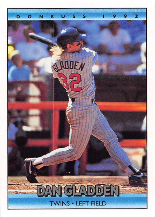 Baseball card of Dan Gladden swinging bat in Minnesota Twins pinstriped uniform