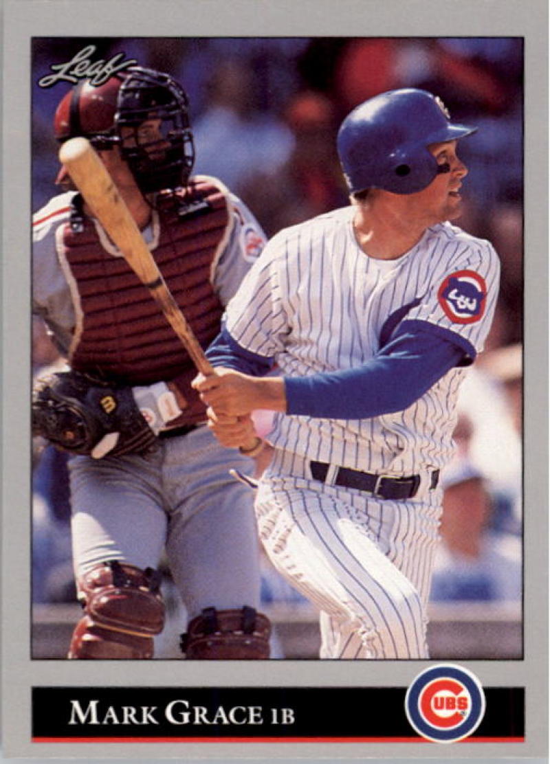 Baseball card of Mark Grace at bat for the Chicago Cubs with catcher behind him