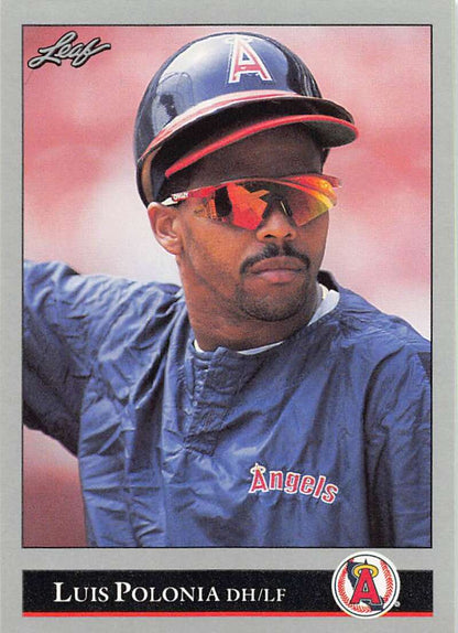 Baseball card of Luis Polonia from California Angels in navy cap and red sunglasses