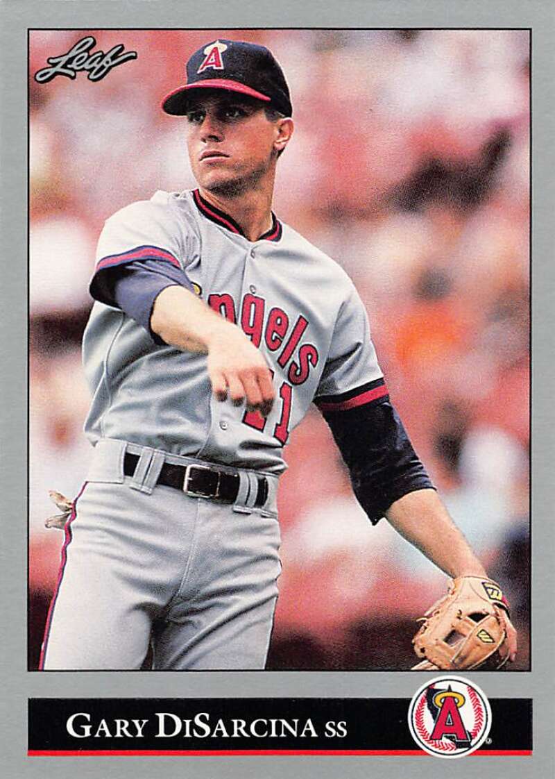 Baseball player in Angels uniform preparing to throw on Gary DiSarcina baseball card