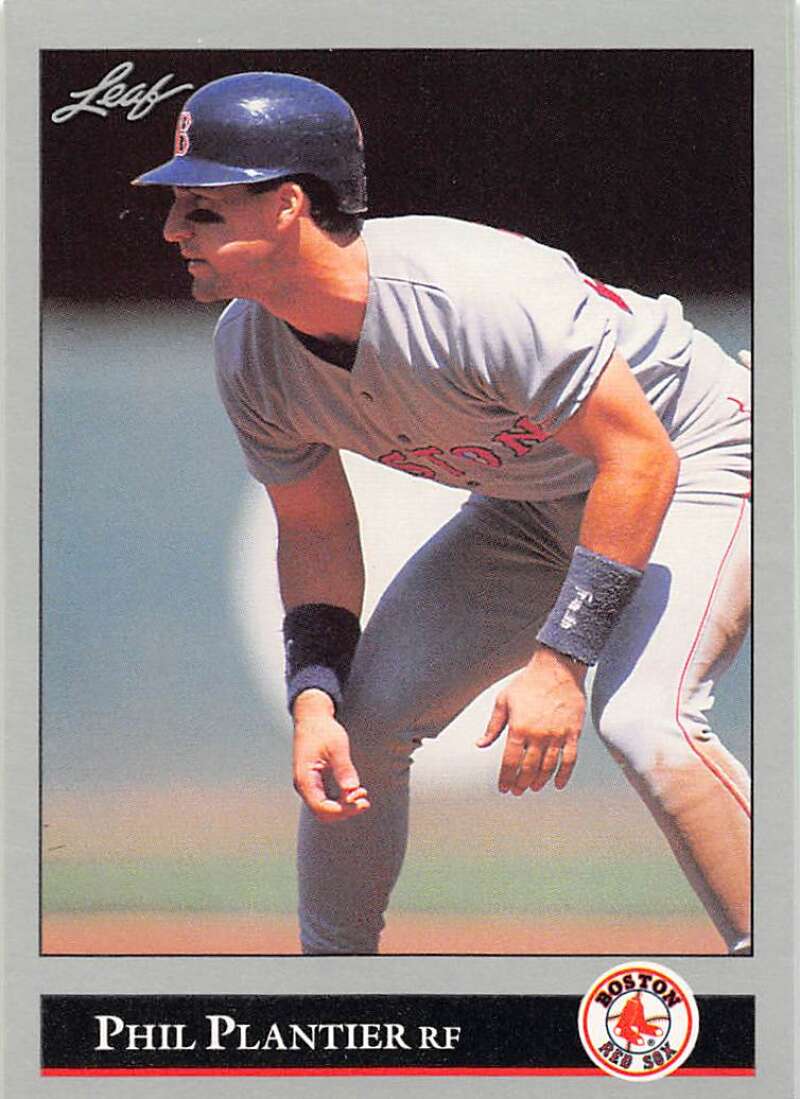 Boston Red Sox Phil Plantier baseball card in road gray uniform fielding stance