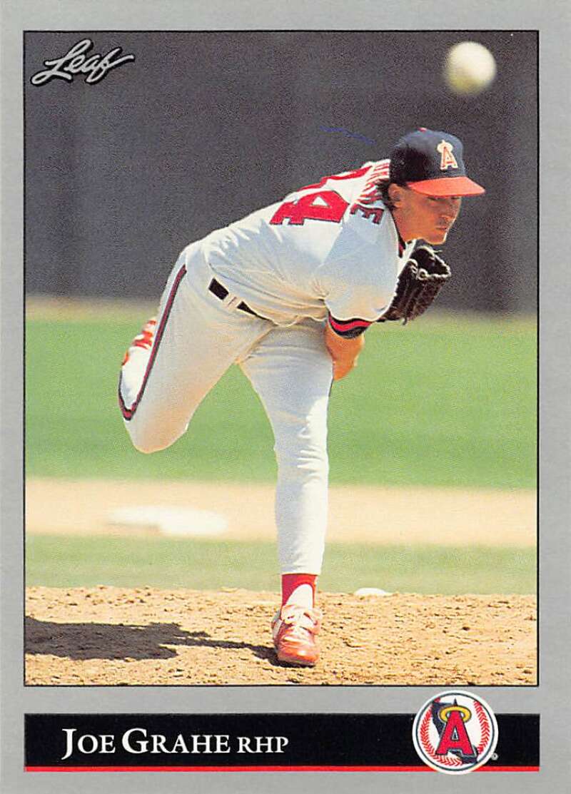 Baseball pitcher Joe Grahe in a white Angels uniform delivering a pitch