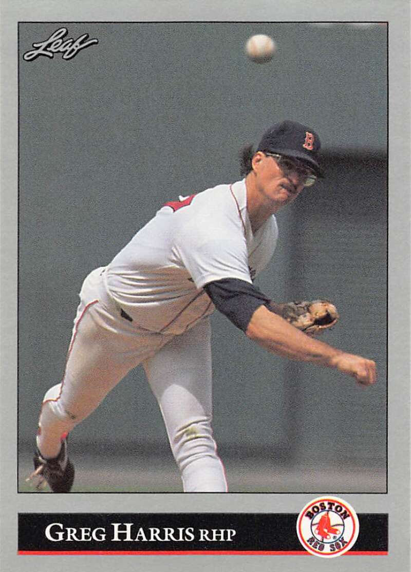 Baseball player Greg Harris in Boston Red Sox uniform pitching on a Leaf trading card