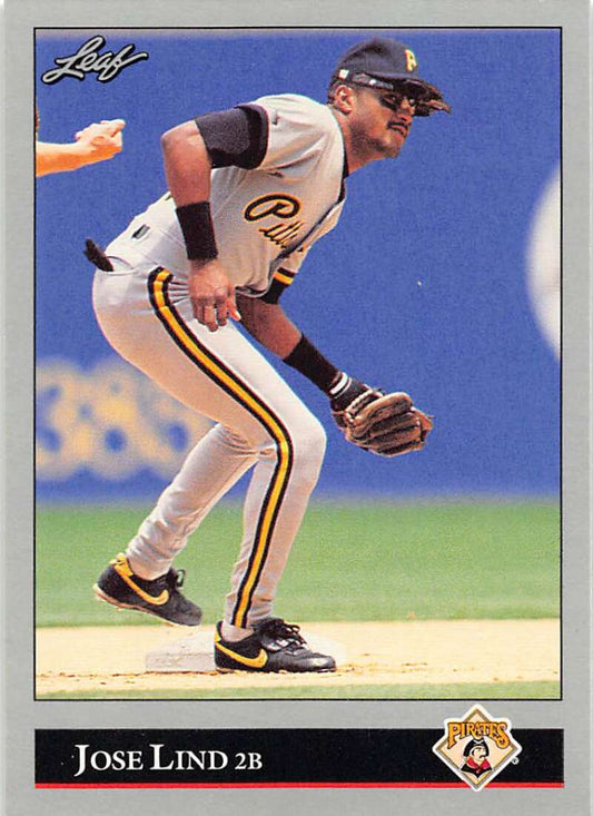 Jose Lind fielding for the Pittsburgh Pirates on a 1992 Leaf baseball card