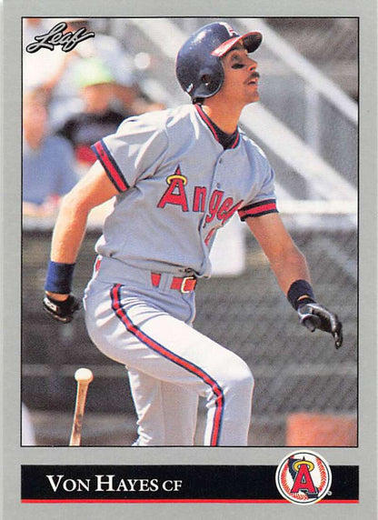 Baseball card of Von Hayes in white California Angels uniform at bat