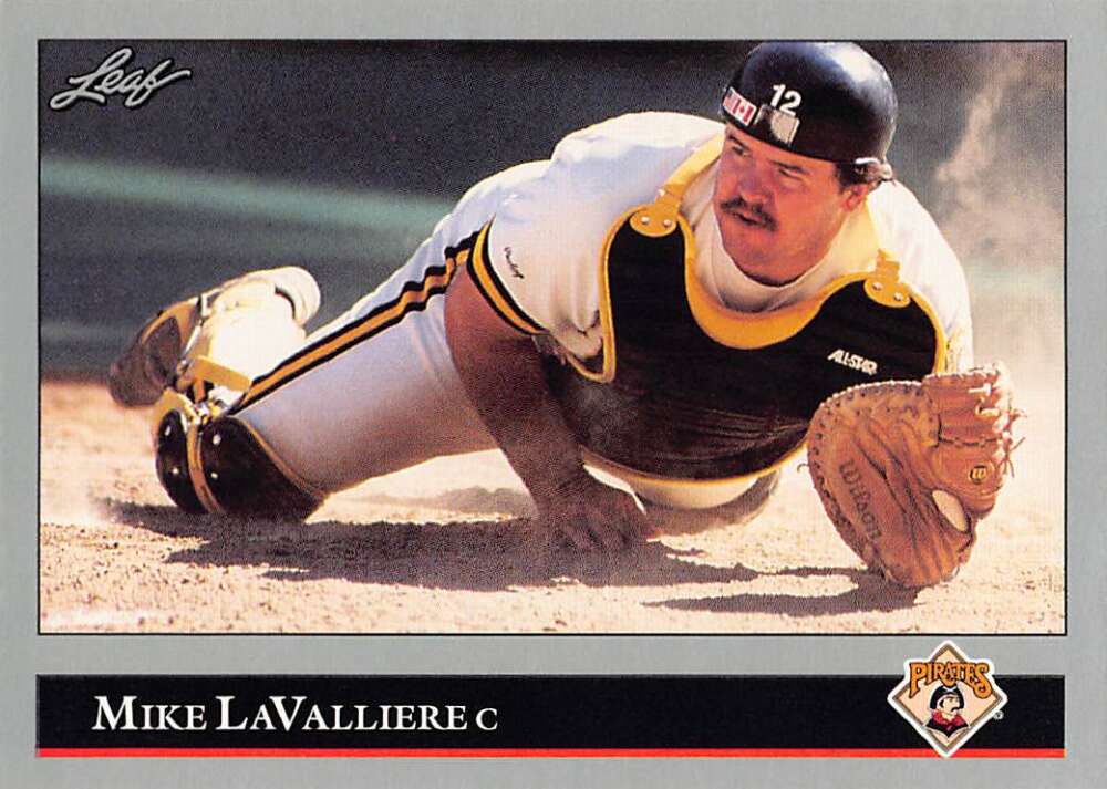 Mike LaValliere diving for a catch in a Pittsburgh Pirates uniform on baseball card