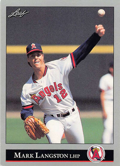 Mark Langston in Angels uniform throwing pitch on 1992 baseball card