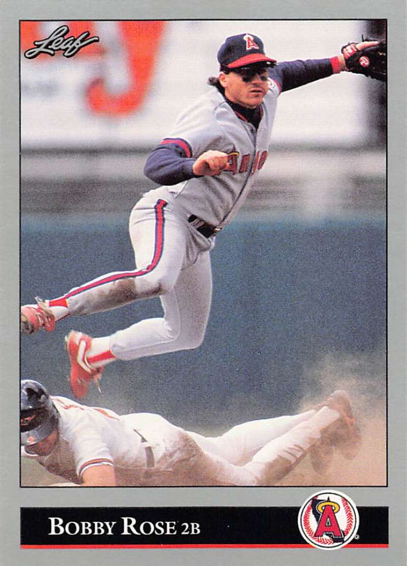 Bobby Rose leaps over a sliding opponent in a play at second base on a California Angels baseball card