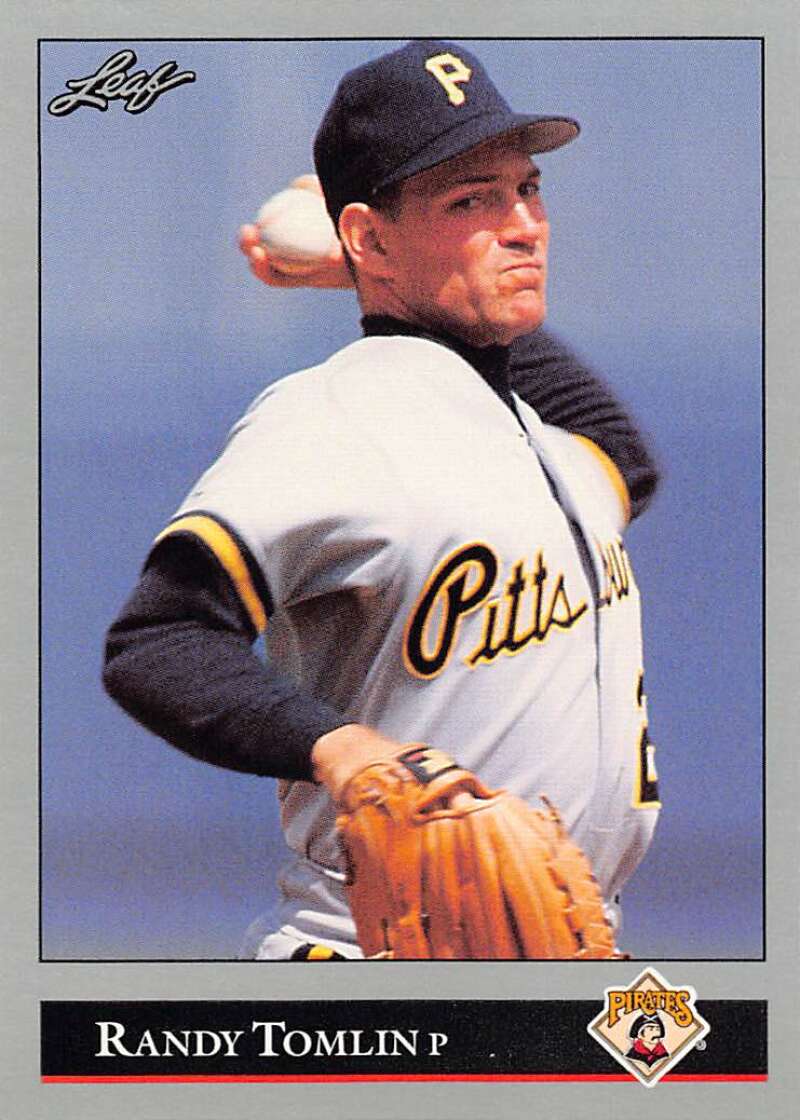 Randy Tomlin pitching for the Pittsburgh Pirates on a baseball card from 1992 Leaf