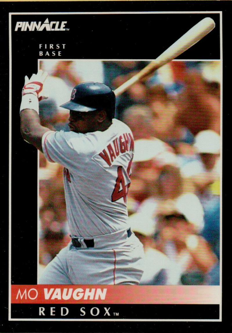 Pinnacle baseball card of Mo Vaughn at bat for the Boston Red Sox in a white uniform