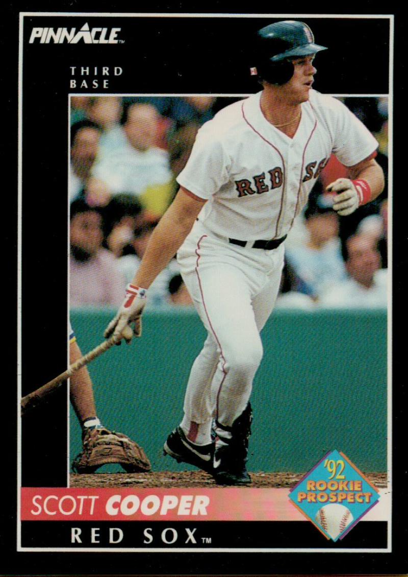 Baseball card of Scott Cooper in a white Red Sox uniform at bat