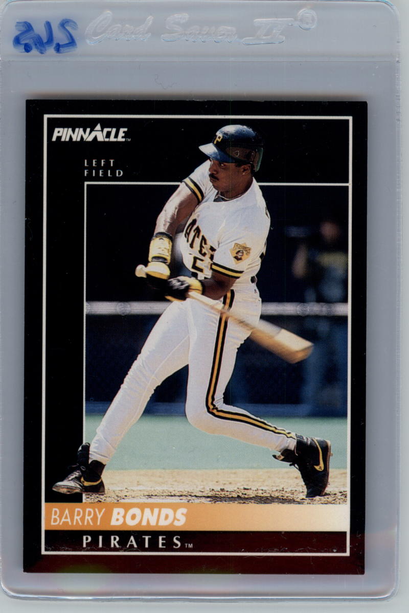 Pinnacle baseball card of Barry Bonds swinging in Pittsburgh Pirates white uniform