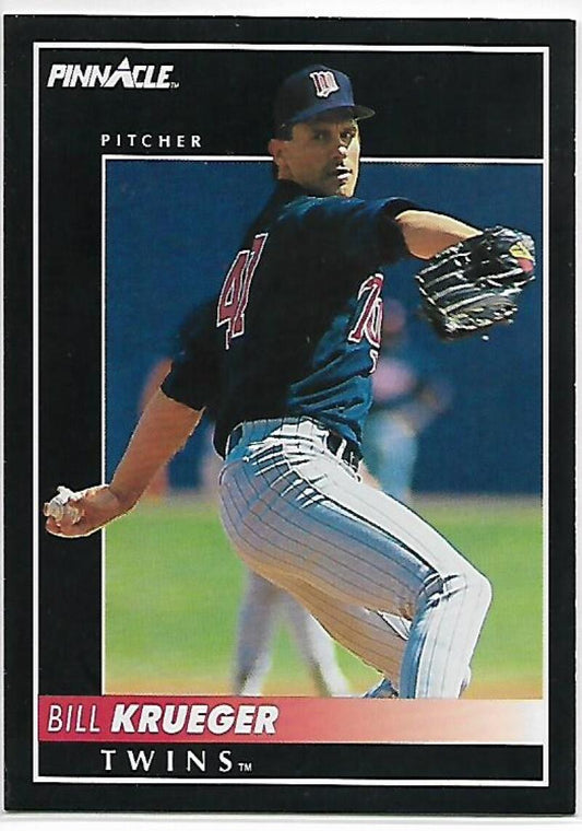 Baseball card of Minnesota Twins pitcher Bill Krueger in pinstriped jersey mid-throw