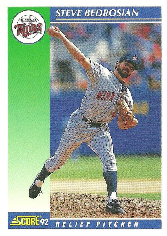 Steve Bedrosian mid-throw in pinstriped uniform on Minnesota Twins baseball card