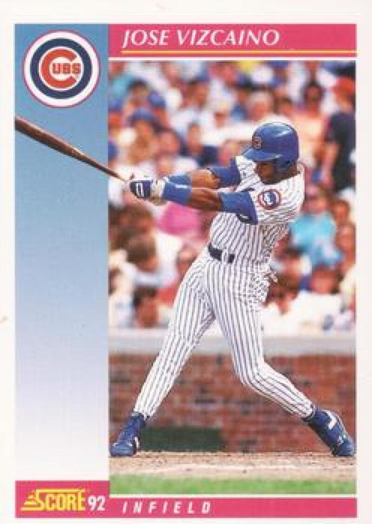 Jose Vizcaino Chicago Cubs baseball card showcasing player in pinstripe uniform swinging