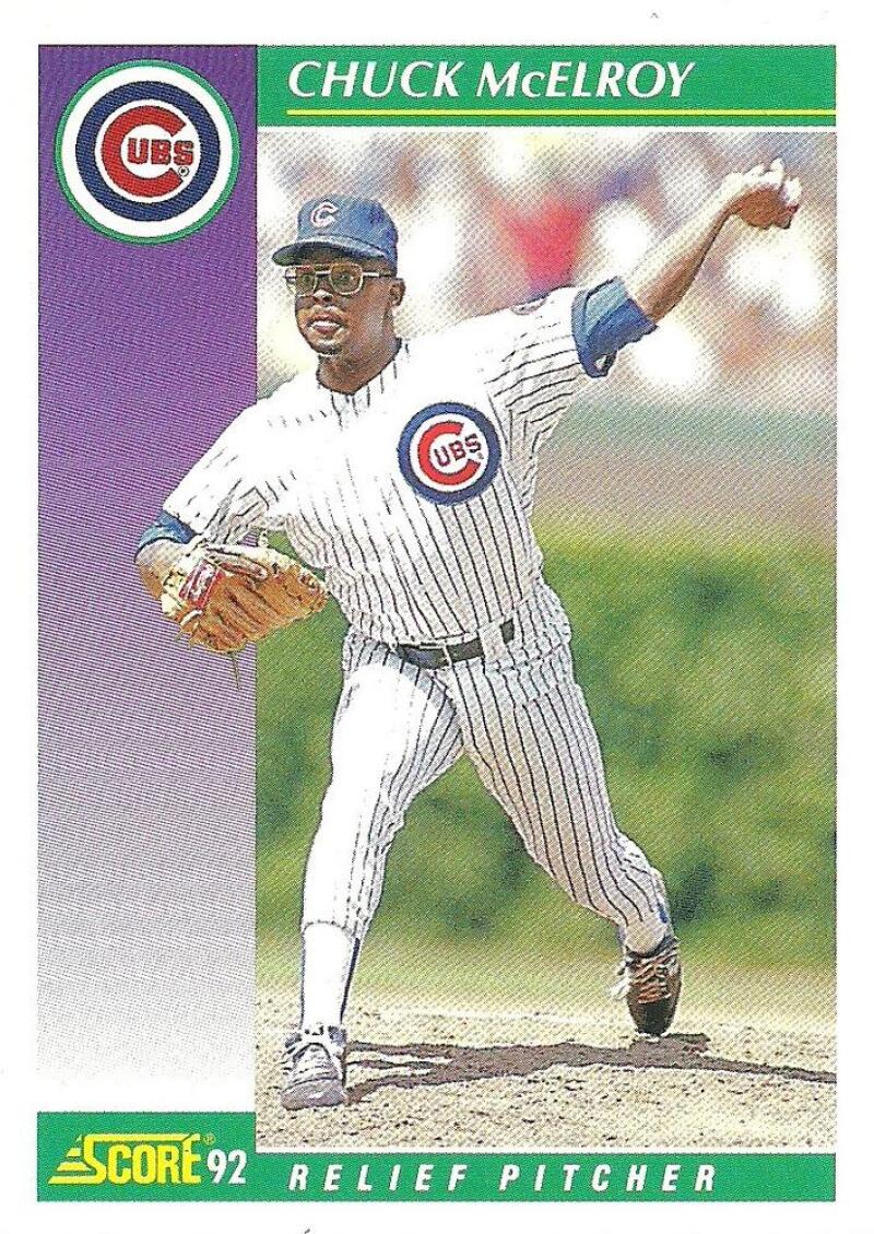 Chicago Cubs Chuck McElroy baseball card in white pinstriped uniform mid-pitch