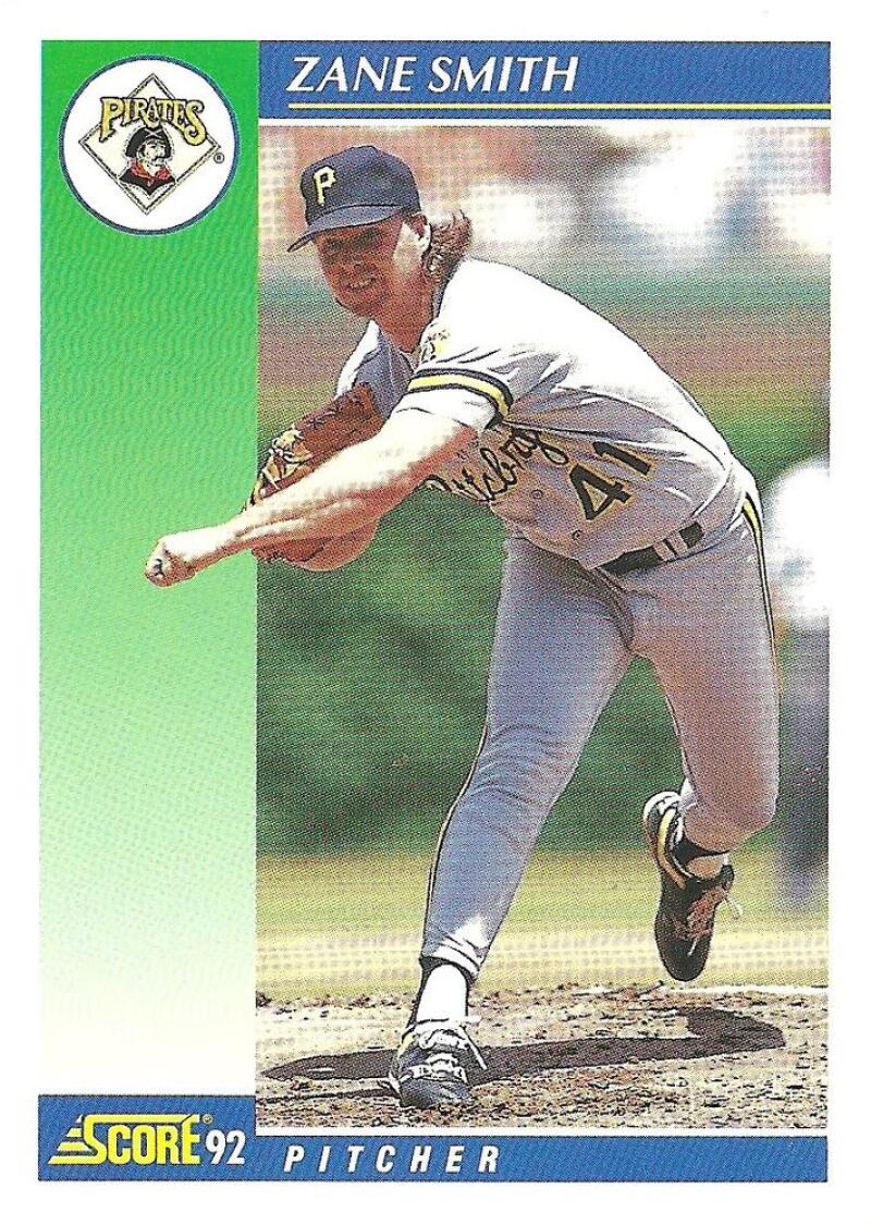 Zane Smith mid-delivery in gray uniform on 1992 Score Pittsburgh Pirates baseball card