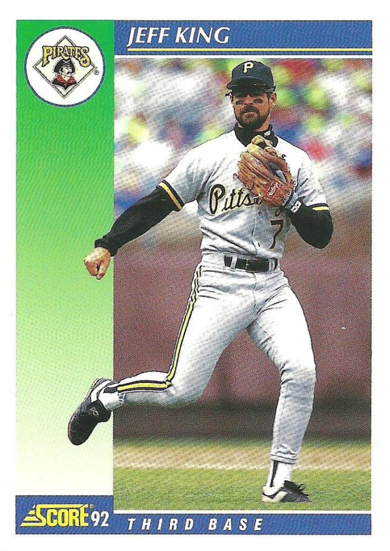 Baseball card of Jeff King throwing in white uniform for Pittsburgh Pirates