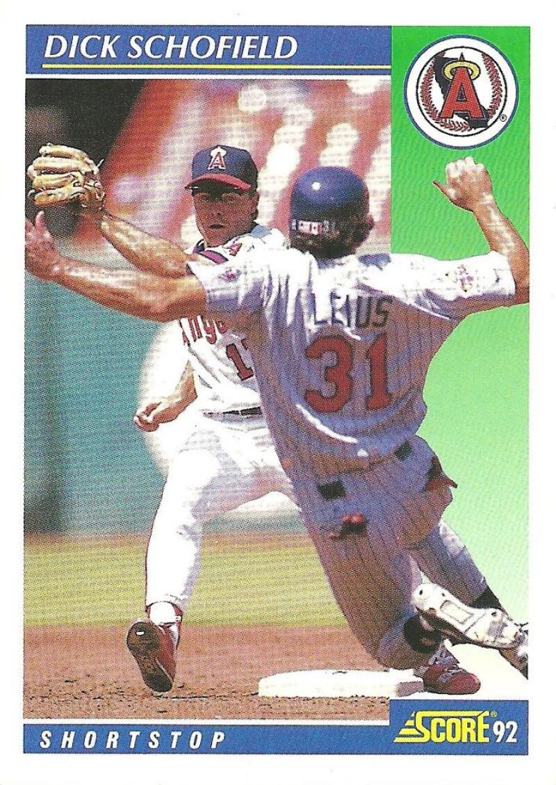 Close play at second base featuring Dick Schofield on California Angels baseball card