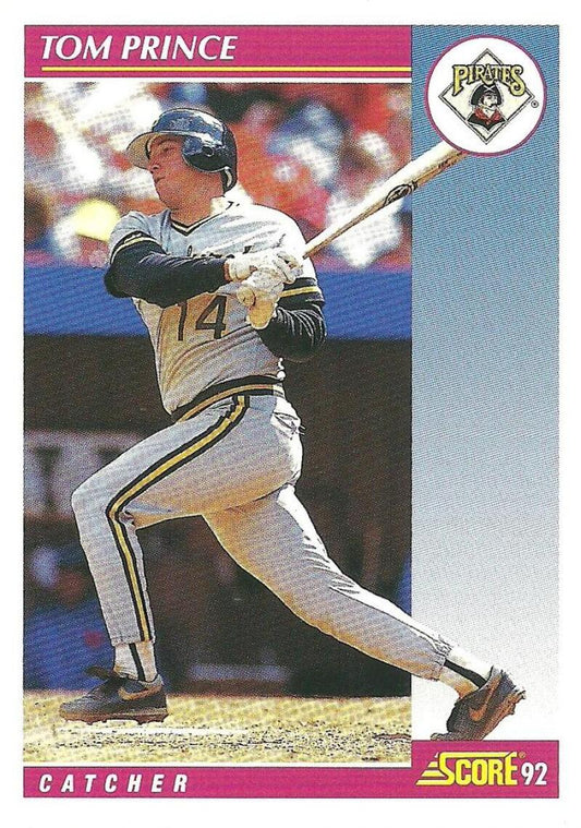 Tom Prince Pittsburgh Pirates baseball card from Score 1992 set featuring player batting