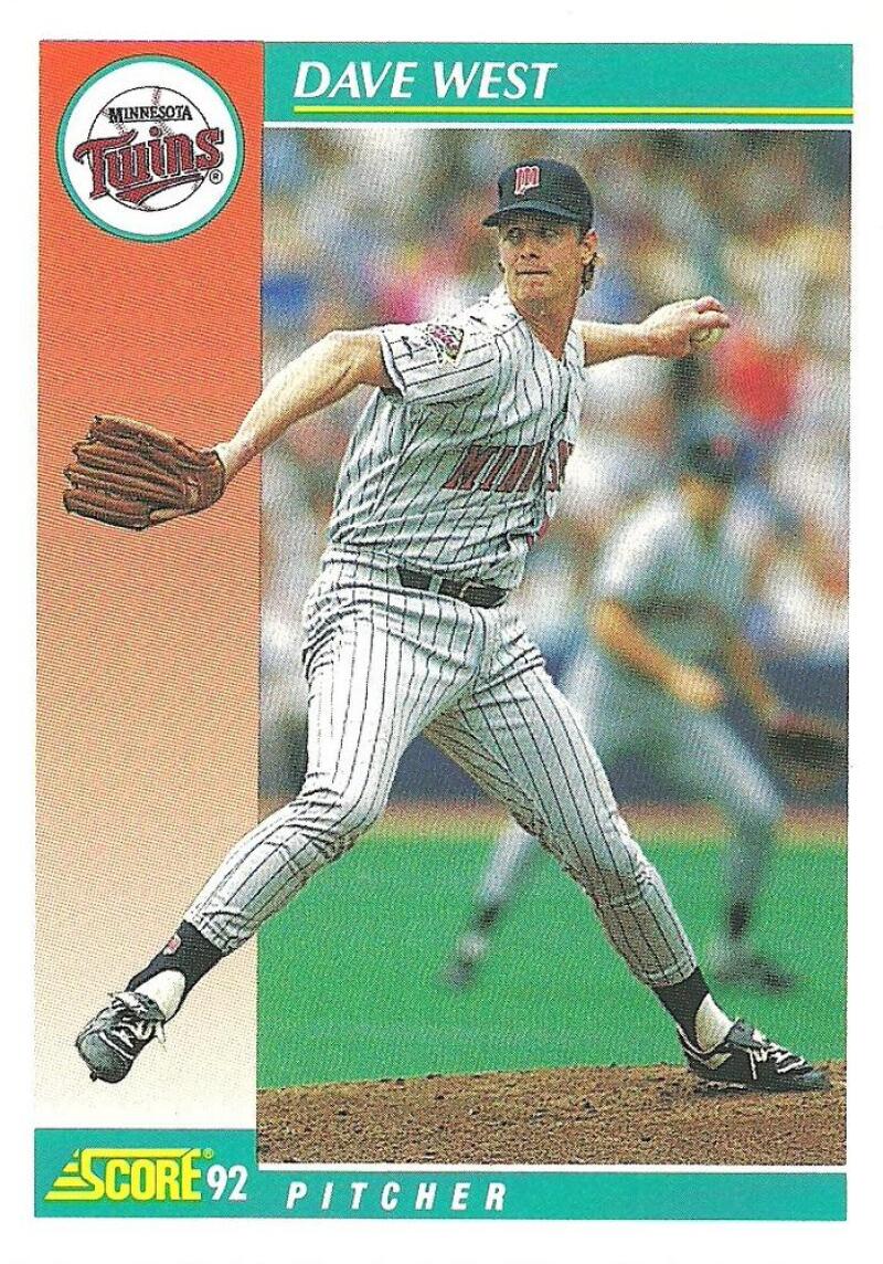 Baseball card of David West pitching for the Minnesota Twins in a pinstriped uniform