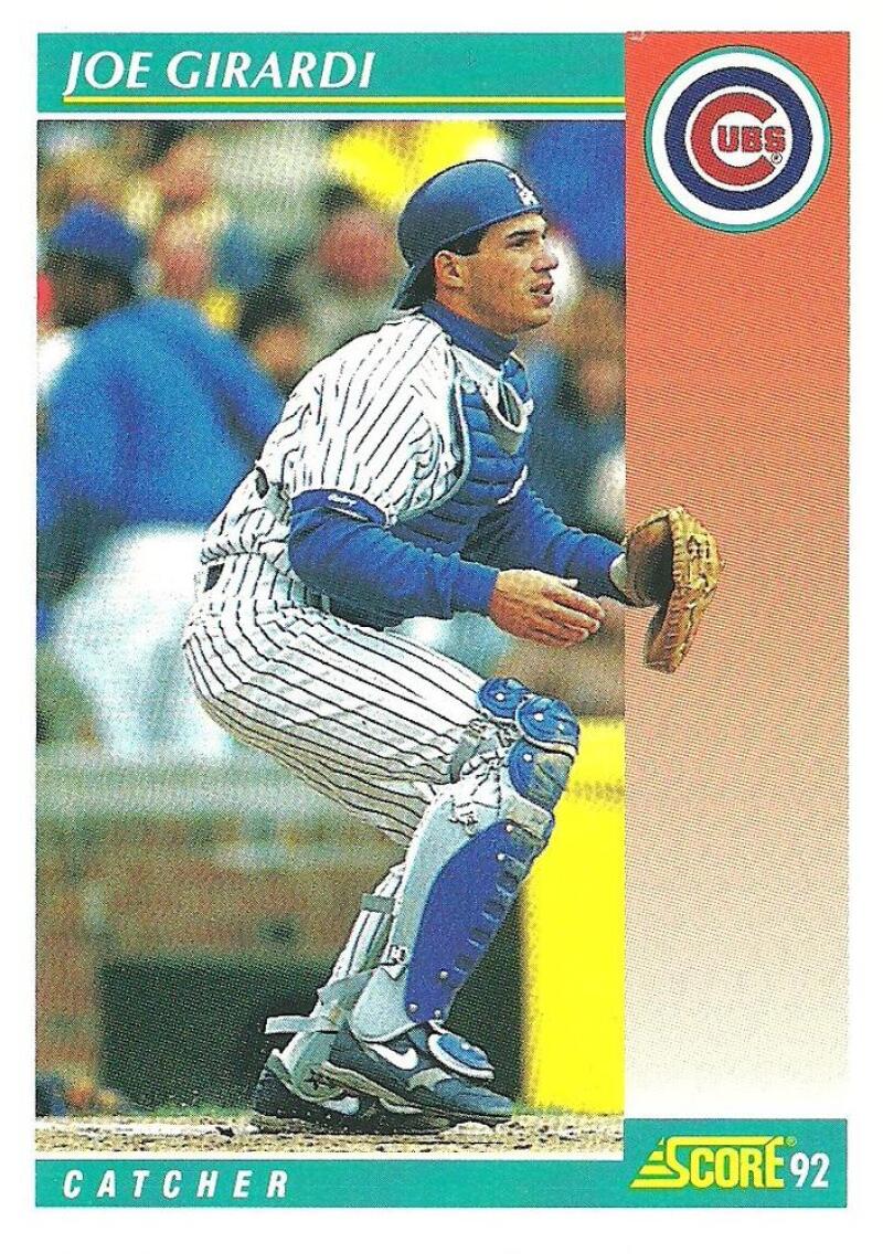 Chicago Cubs Baseball Card of Joe Girardi in pinstripes and blue gear crouching