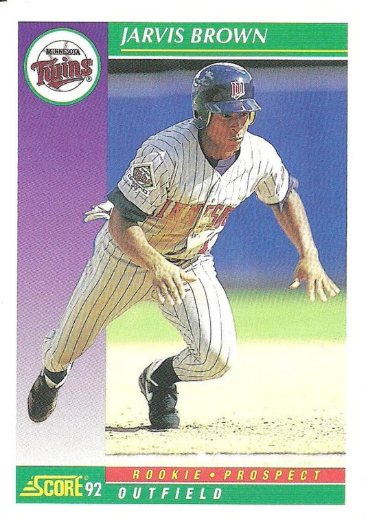 Jarvis Brown Minnesota Twins baseball card in white pinstriped uniform from 1992 Score