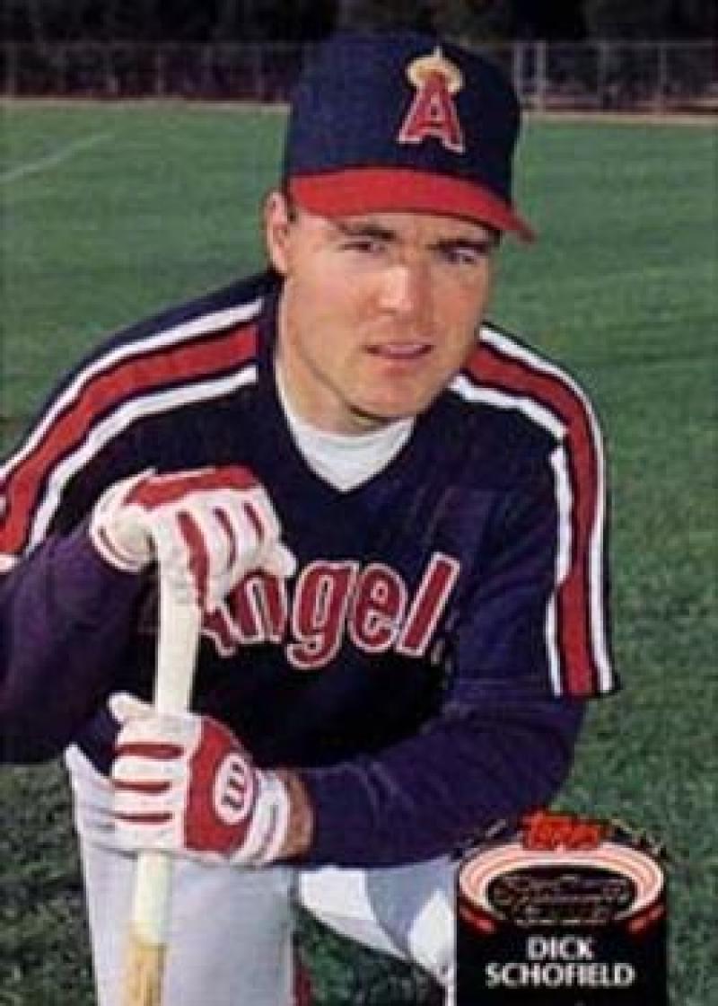 Dick Schofield in Angels uniform holding bat on California Angels baseball card