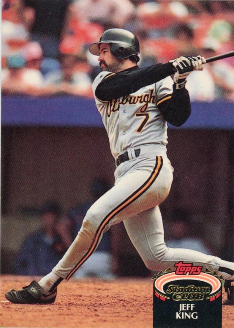 Pittsburgh Pirates player Jeff King swinging a bat on 1992 Topps Stadium Club card