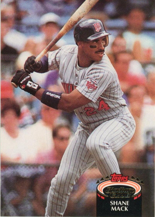 Shane Mack batting in Minnesota Twins pinstriped uniform on 1992 baseball card