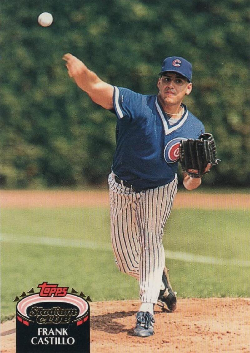 Chicago Cubs player Frank Castillo pitching from 1992 Topps Stadium Club card