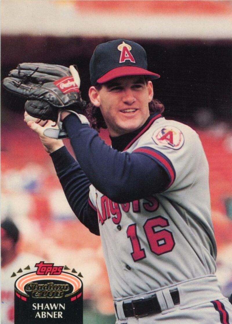 Shawn Abner in Anaheim Angels uniform holding glove, featured on California Angels baseball card