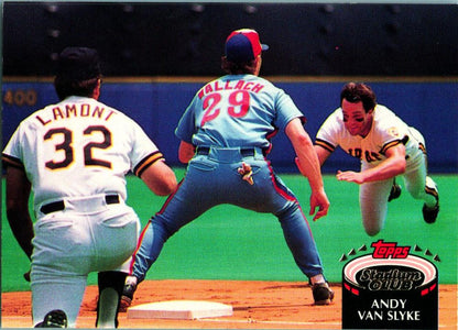 Baseball players in action at first base on Andy Van Slyke baseball card